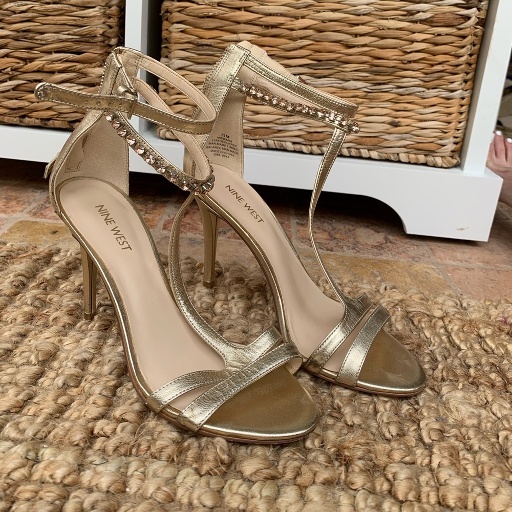 Nine West Tstrap Gold High Heels Rhinestones 7.5
